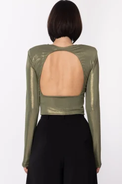 Gaëlle Paris Maglia Laminata con Nodo e Oblò Sul RetroVERDE OLIVA