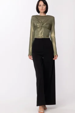 Gaëlle Paris Maglia Laminata con Nodo e Oblò Sul RetroVERDE OLIVA