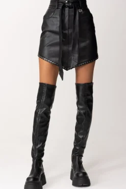 Gaëlle Paris Minigonna In Pelle con Borchie e CinturaNERO