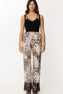 Gaëlle Paris Pantaloni con Stampa Animalier e PizzoMACULATO BEIGE