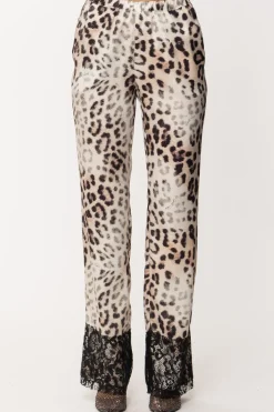 Gaëlle Paris Pantaloni con Stampa Animalier e PizzoMACULATO BEIGE