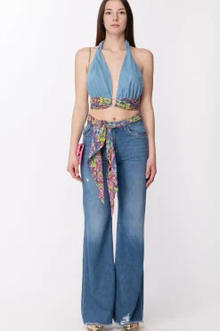 Gaëlle Paris Top In Jeans a Incrocio con FoulardBLU CHIARO