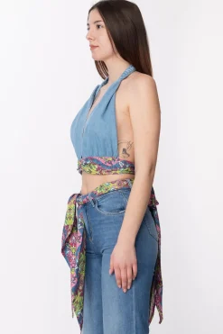Gaëlle Paris Top In Jeans a Incrocio con FoulardBLU CHIARO