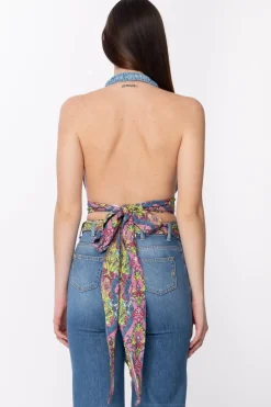 Gaëlle Paris Top In Jeans a Incrocio con FoulardBLU CHIARO