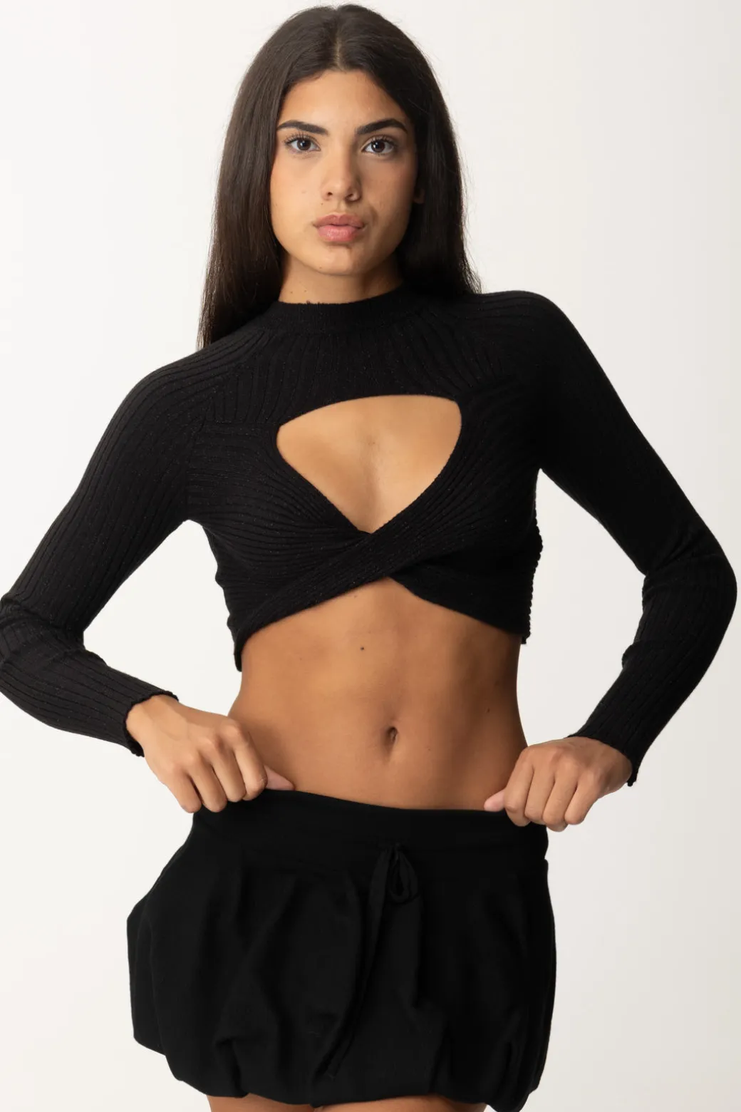 Gaëlle Paris Top Nero Intrecciato con Cut-outNERO