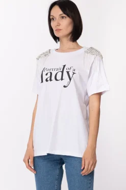 Gaëlle Paris T-shirt con Stampa e Spalline GioielloBIANCO