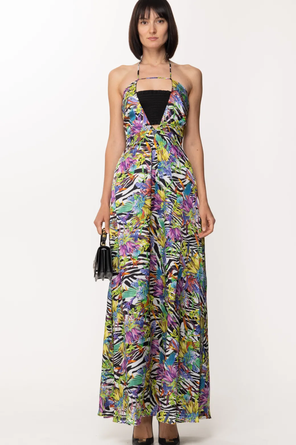 Just Cavalli Abito Lungo Stampato con Inserto ArricciatoBLACK