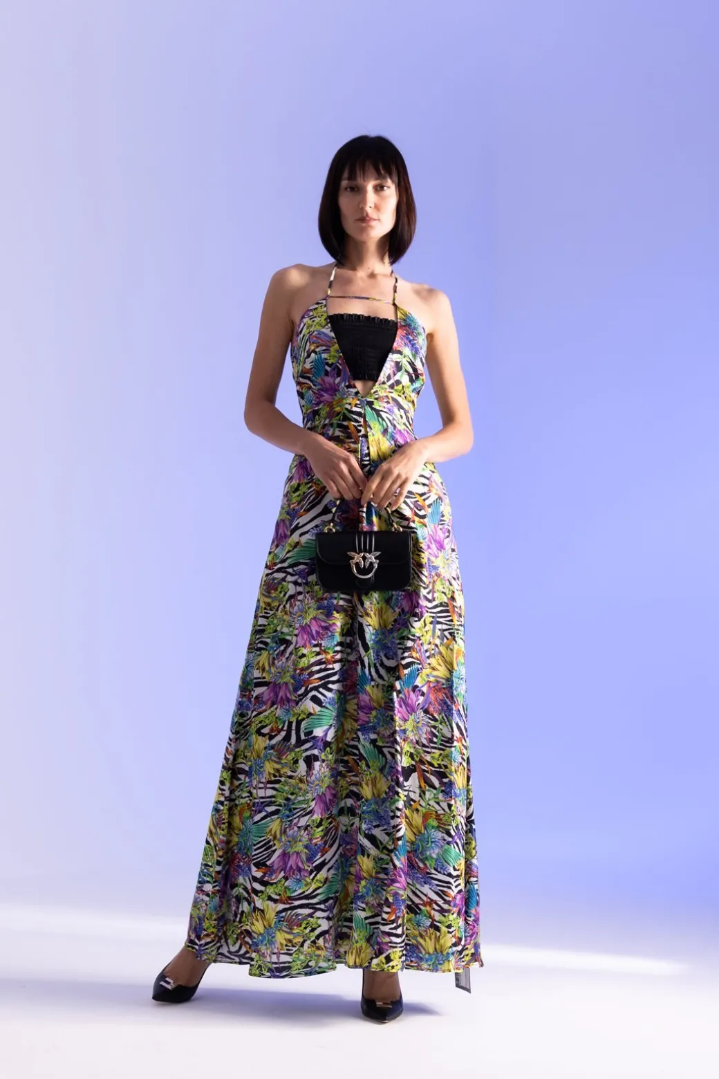 Just Cavalli Abito Lungo Stampato con Inserto ArricciatoBLACK