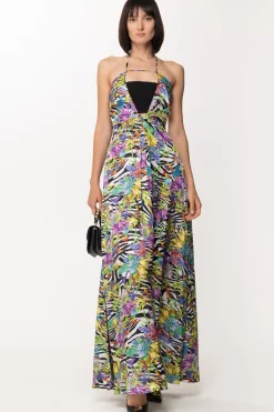 Just Cavalli Abito Lungo Stampato con Inserto ArricciatoBLACK