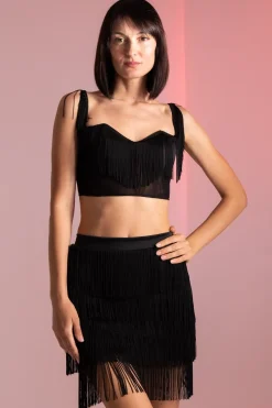 Mali Beachwear Top con Frange e ReteNERO