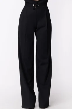 Mangano Angano: Pantalone Verlaine Vita Alta a Palazzo con Cintura e Frappine In VitaNERO