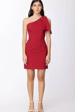 Mangano Mangano: Abito Da Sera Tubino Corto Monospalla In Tessuto Tecnico con Dettaglio Fiocco Sulla SpallaBLOODY RED