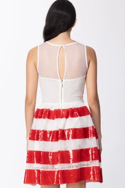 Mangano Mangano: Abito Garvey con Ampia Gonna a Pieghe In Pizzo Effetto Chantilly con Ricamo PaillettesOFFWHITE/ROSSO