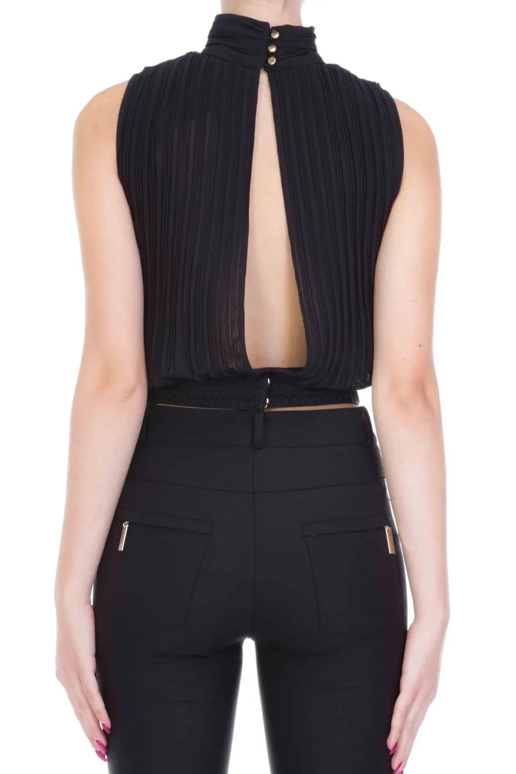 Mangano Mangano: Top Misty Corto Plisse con Laccetto Al Collo Fibia Laterlae e Scollato DietroNERO