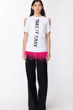 Mangano Mangano: T-shirt Etienne Over Mezza Manica Doppia Fila Di PiumeOFFWHITE