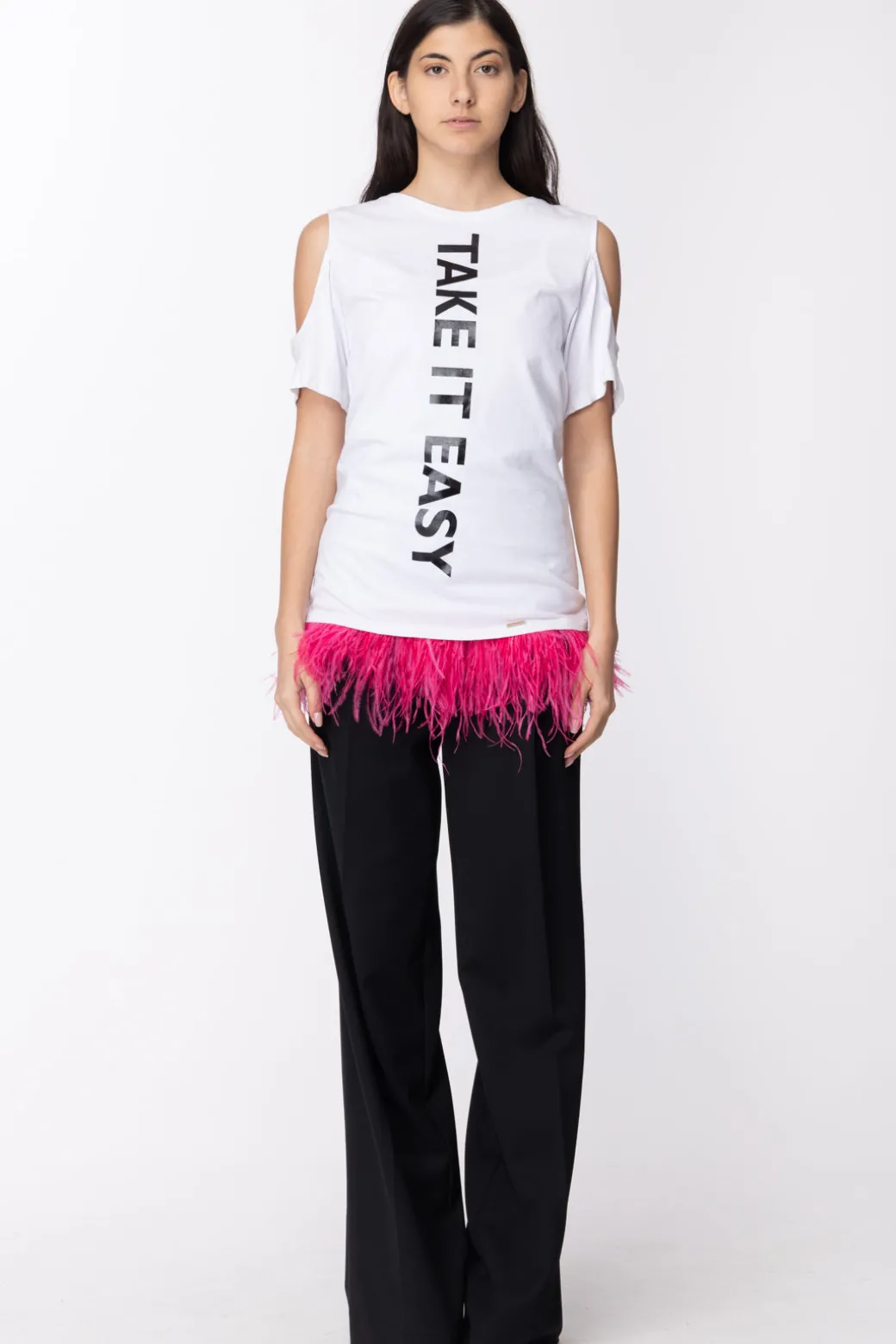 Mangano Mangano: T-shirt Etienne Over Mezza Manica Doppia Fila Di PiumeOFFWHITE