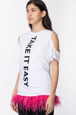 Mangano Mangano: T-shirt Etienne Over Mezza Manica Doppia Fila Di PiumeOFFWHITE