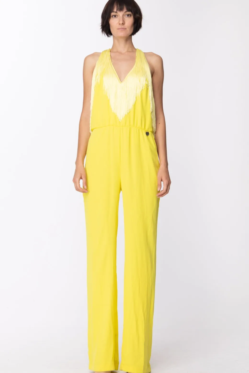 Mangano Tuta Lunga con Frange e Scollatura Profonda DietroGIALLO