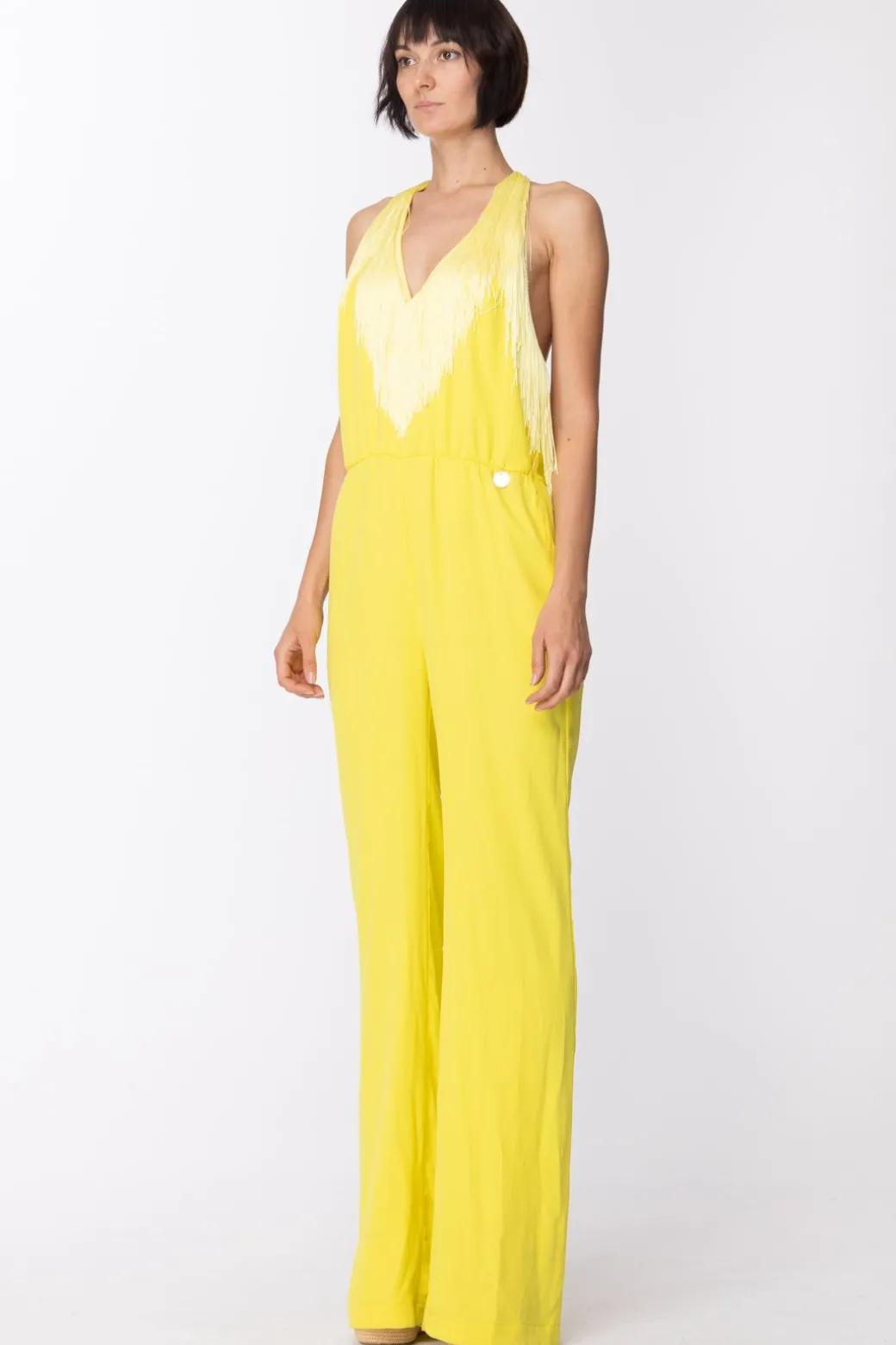 Mangano Tuta Lunga con Frange e Scollatura Profonda DietroGIALLO