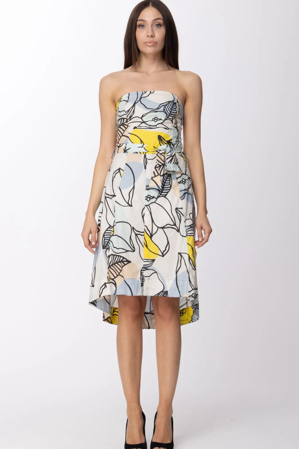 Manila Grace Abito Asimmetrico con Stampa Floreale e CinturaLIMONE