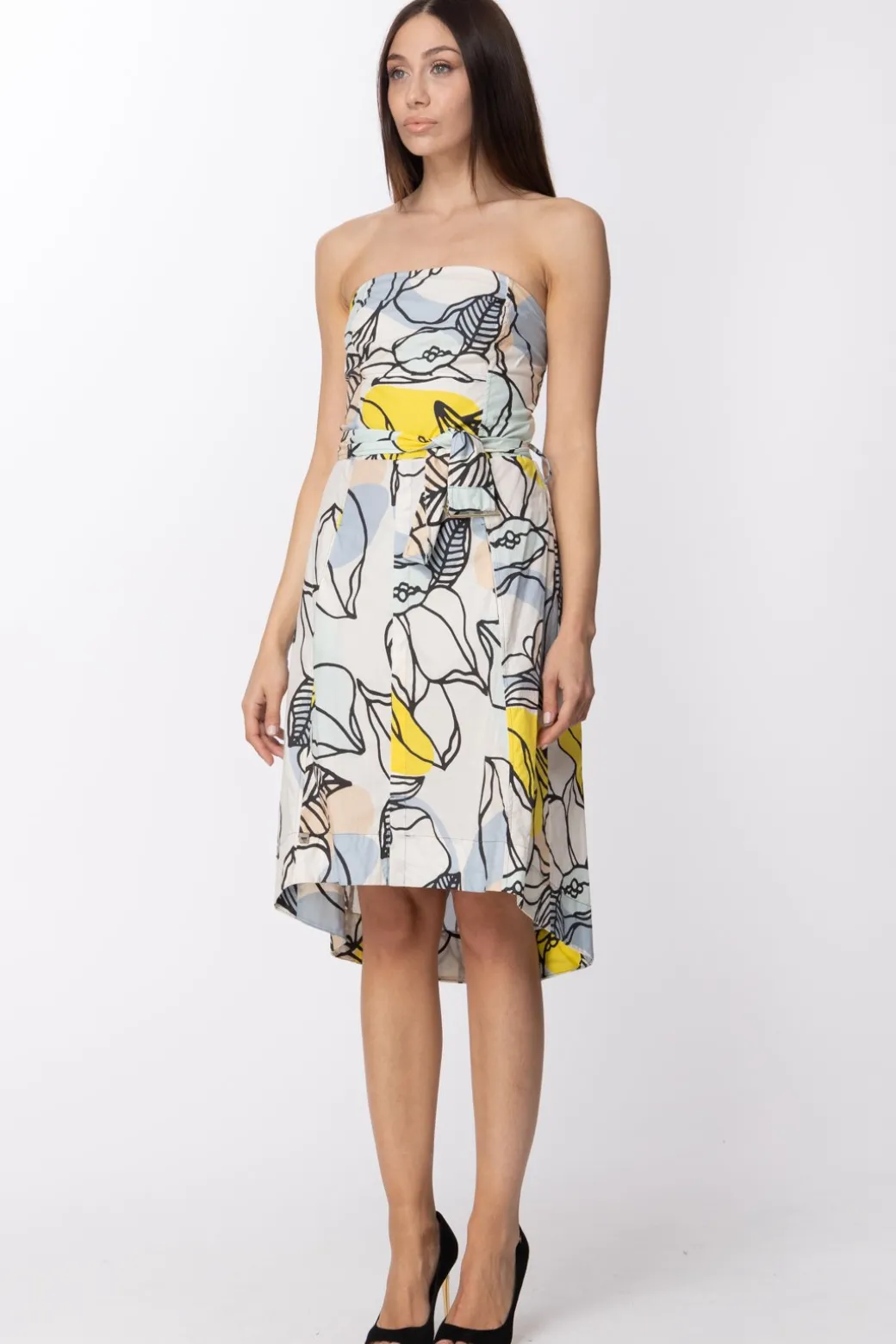 Manila Grace Abito Asimmetrico con Stampa Floreale e CinturaLIMONE