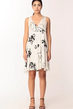 Manila Grace Abito Da Giorno Senza Maniche Scollo a V Fanrasia a Contrasto Taglio Sotto Il SenoOFF WHITE