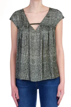 Manila Grace Casacca In Seta Scollo a V Stampa Etnica Vestibilita' MorbidaMILITARE