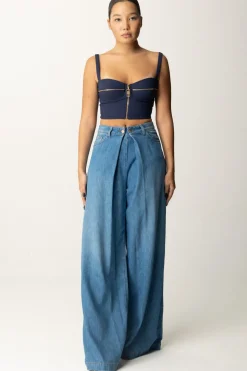 Manila Grace Jeans Wide Leg con PiegheMEDIUM BLUE