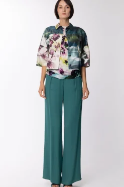 Manila Grace Manila Grace: Pantalone In Viscosa Modello Palazzo con Tasche Elastico In VitaVERDE PERSIANO