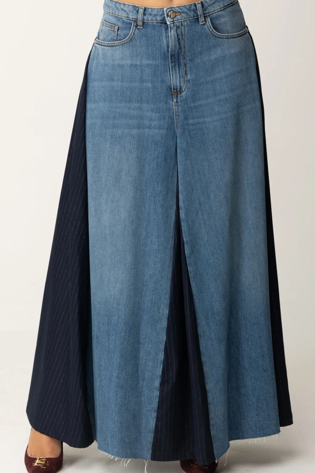 Manila Grace Maxi Gonna In Jeans con Pannelli a ContrastoMEDIUM BLUE