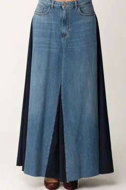 Manila Grace Maxi Gonna In Jeans con Pannelli a ContrastoMEDIUM BLUE