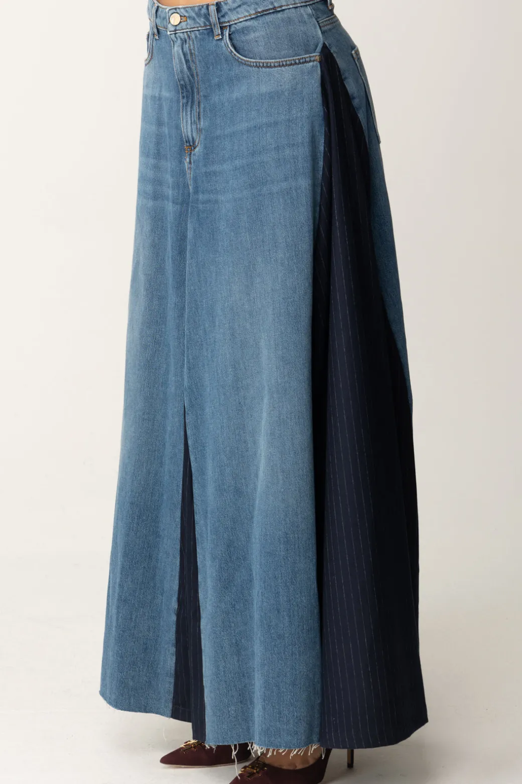 Manila Grace Maxi Gonna In Jeans con Pannelli a ContrastoMEDIUM BLUE