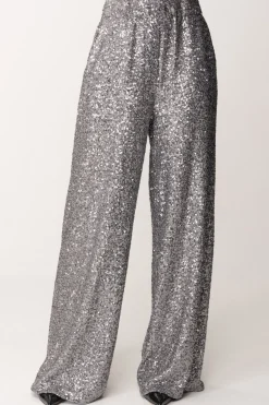 Manila Grace Pantaloni Palazzo Full-paillettesMETAL GRAY