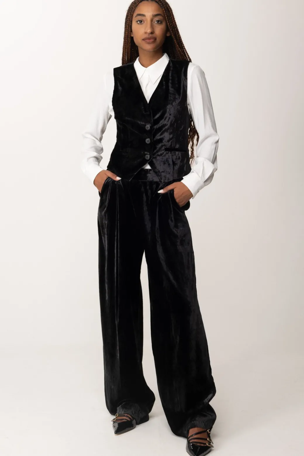 Manila Grace Pantaloni Palazzo In VellutoNERO
