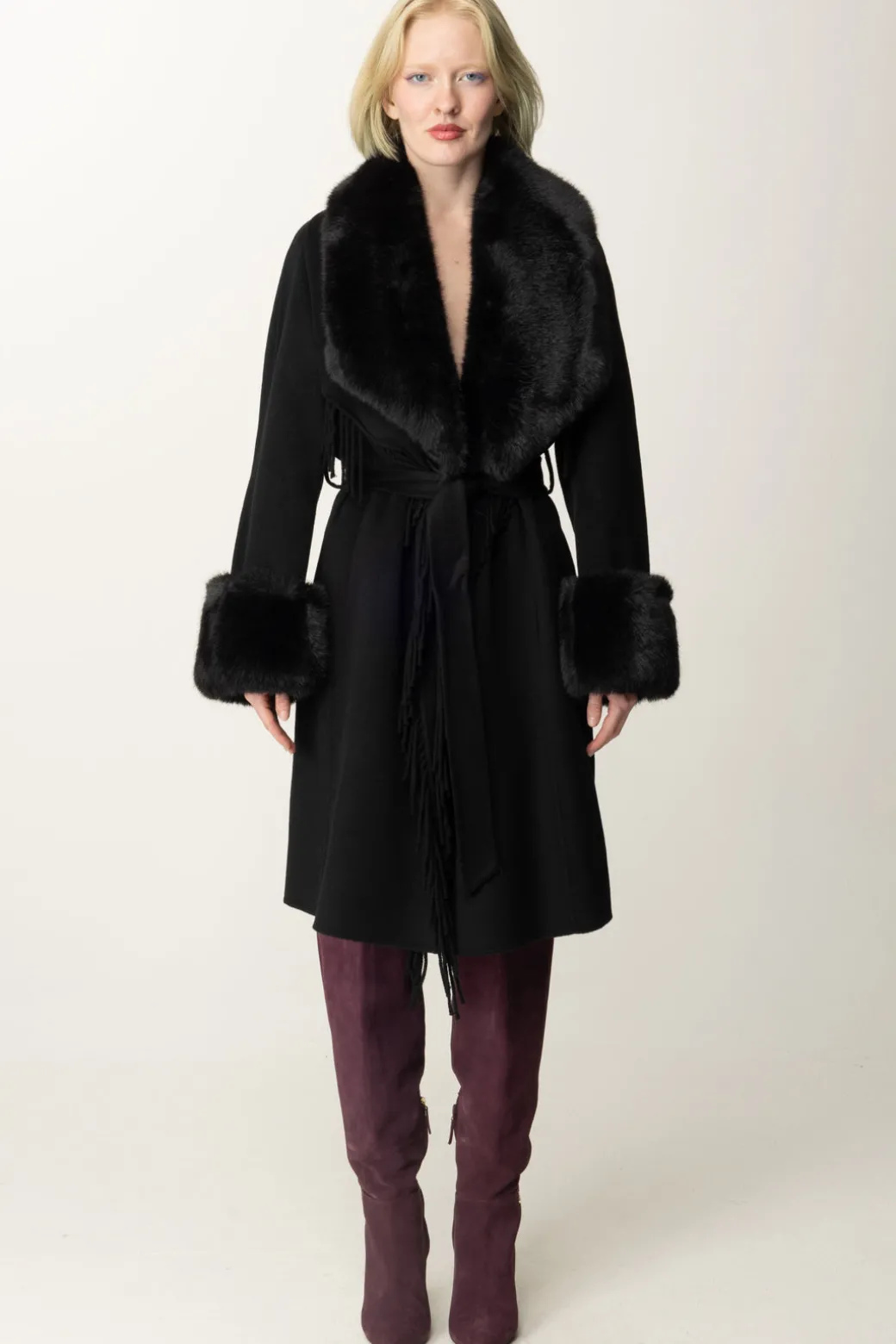 Marciano By Guess Cappotto Liliana con Frange e PellicciaJET BLACK MULTI