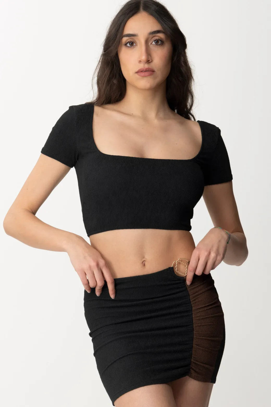 Me Fui Top Color Block In Lycra GoffrataBLACK