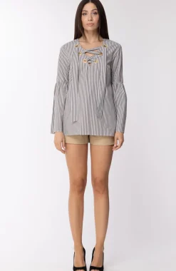 Michael Kors Blusa Morbida a Righe con Occhielli DoratiIVORY