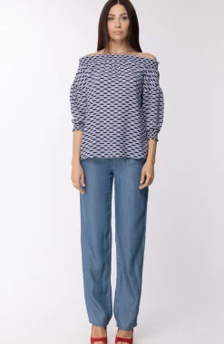 Michael Kors Blusa Offshoulder con Maniche AmpieBLU/BIANCO