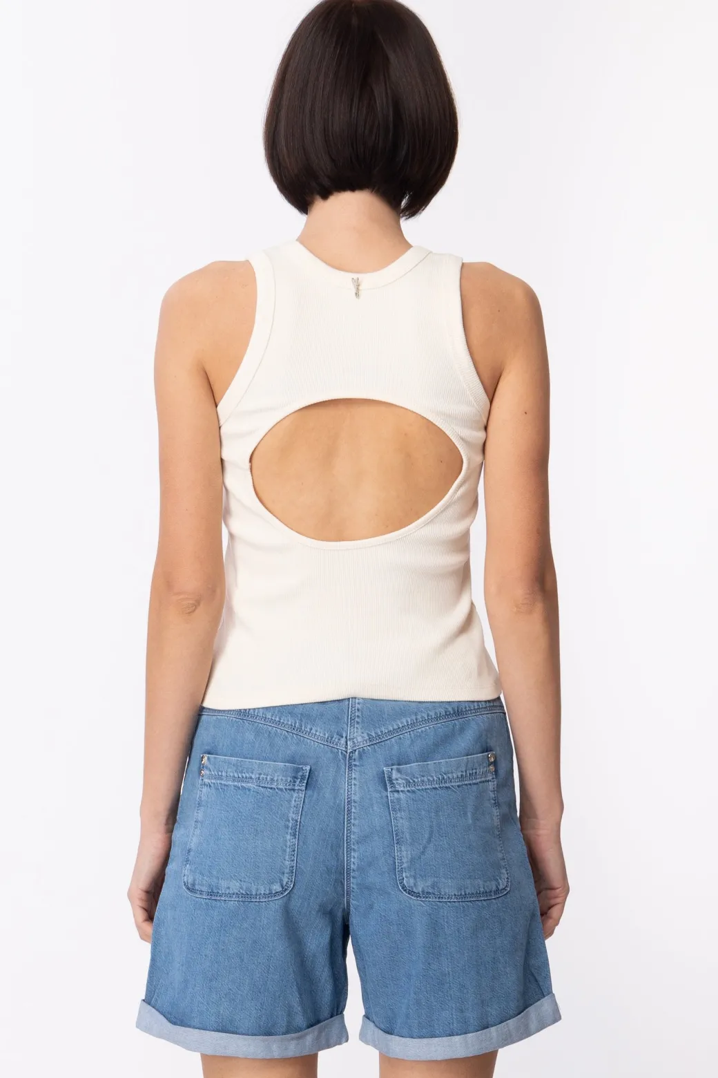 Patrizia Pepe Top a Costine con Scollatura Sul RetroLINEN WHITE