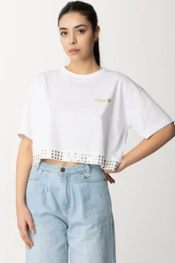 Patrizia Pepe T-shirt Cropped con Borchiette e LogoBIANCO OTTICO