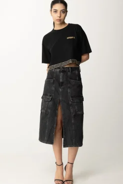 Patrizia Pepe T-shirt Cropped con Borchiette e LogoNERO