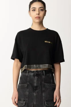 Patrizia Pepe T-shirt Cropped con Borchiette e LogoNERO