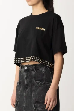 Patrizia Pepe T-shirt Cropped con Borchiette e LogoNERO