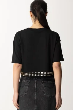 Patrizia Pepe T-shirt Cropped con Borchiette e LogoNERO