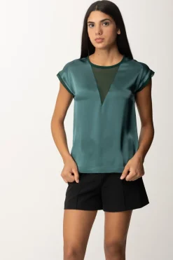Pinko Blusa In Satin con Inserto In GeorgetteVERDE BOTTIGLIA SCURO