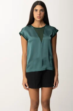 Pinko Blusa In Satin con Inserto In GeorgetteVERDE BOTTIGLIA SCURO
