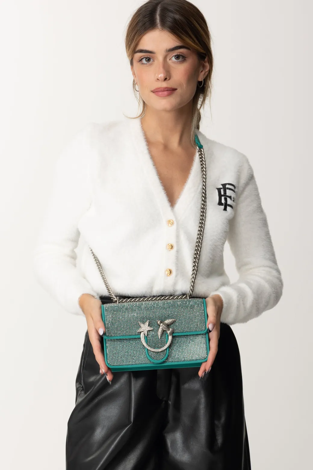 Pinko Borsa a Tracolla con StrasAZZURRO MARE-OLD SILVER