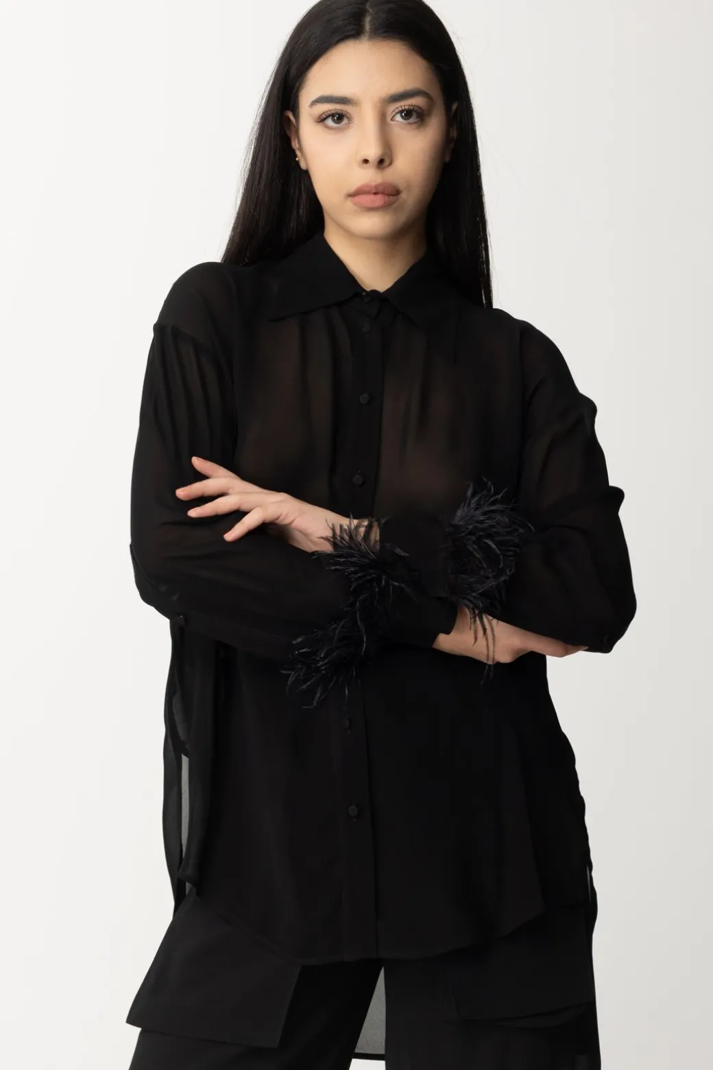 Pinko Camicia In Viscosa con PiumetteNERO LIMOUSINE