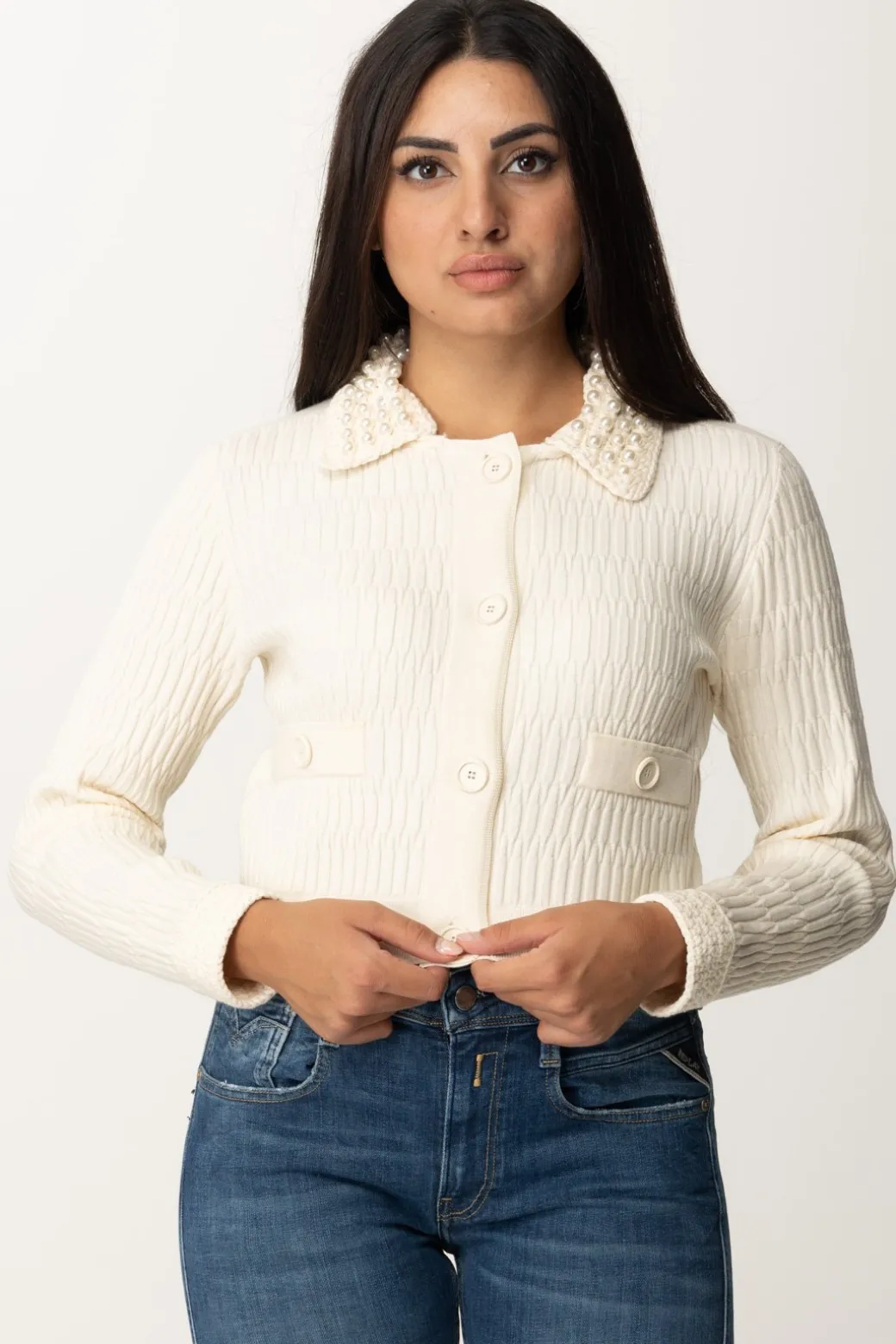 Pinko Cardigan Corto con Perline Al CollettoBIANCO MERINGA