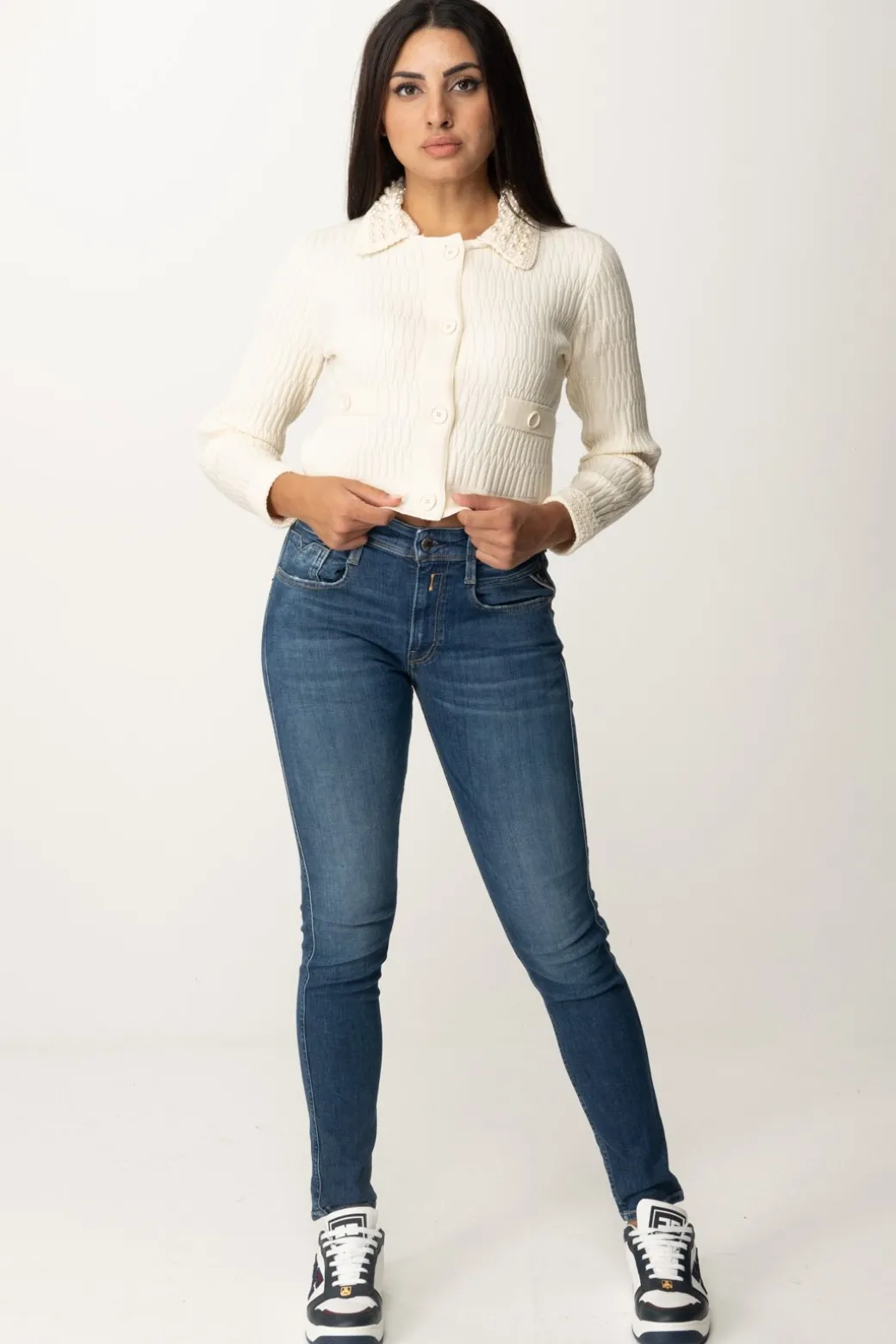 Pinko Cardigan Corto con Perline Al CollettoBIANCO MERINGA